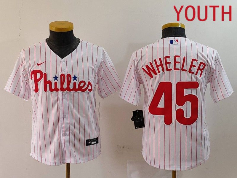 Youth Philadelphia Phillies #45 Wheeler White stripe Nike Game 2024 MLB Jersey style 1